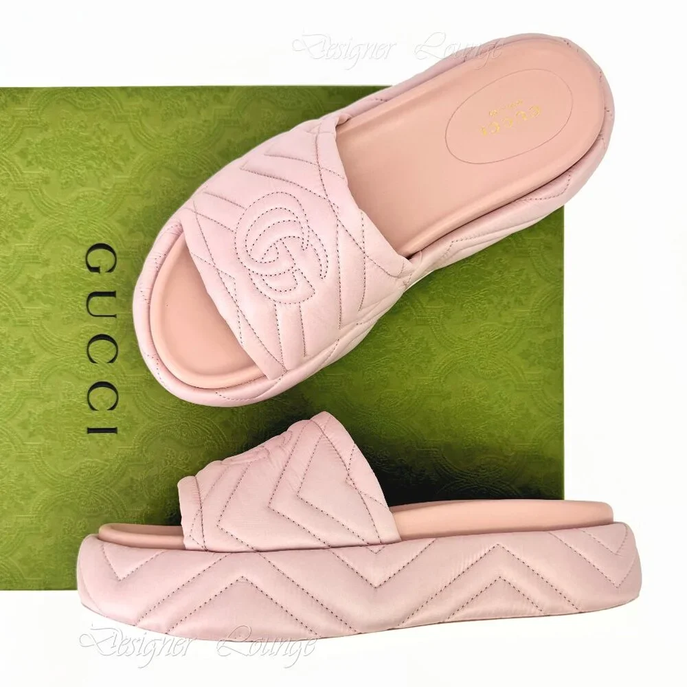 NEW GUCCI Angelina Quilted GG Logo Pink Nylon Platform Sandals EU 39 US 9